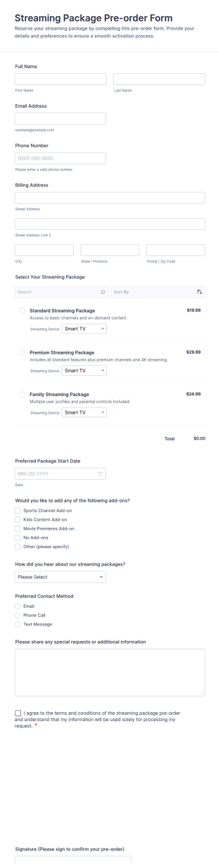Streaming Package Pre Order Form Template