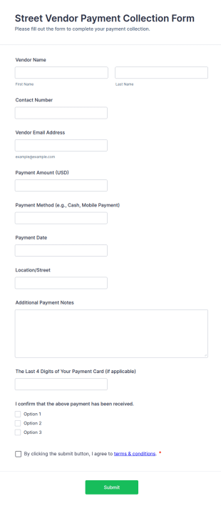 Street Vendor Payment Collection Form Template