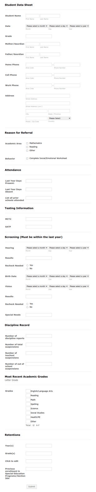 Student Data Tracking Sheet Form Template