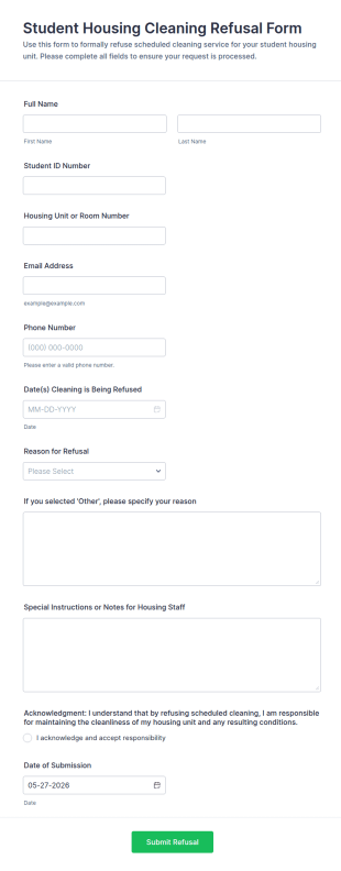 Student Housing Cleaning Refusal Form Template