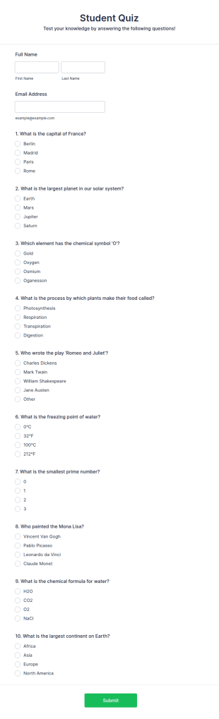 Student Quiz Form Template