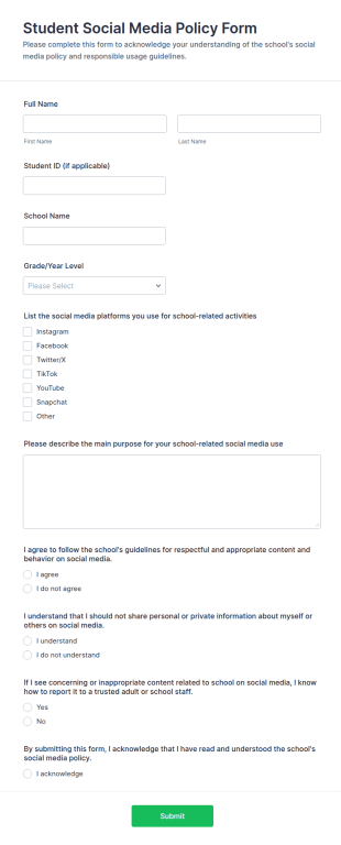 Student Social Media Policy Form Template