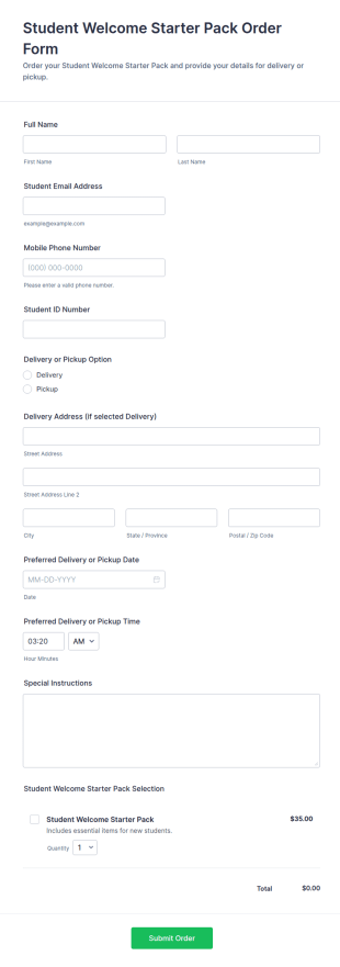 Student Welcome Starter Pack Order Form Template