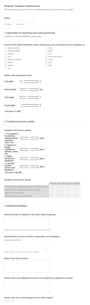Students' Feedback Questionnaire Version 2 Form Template