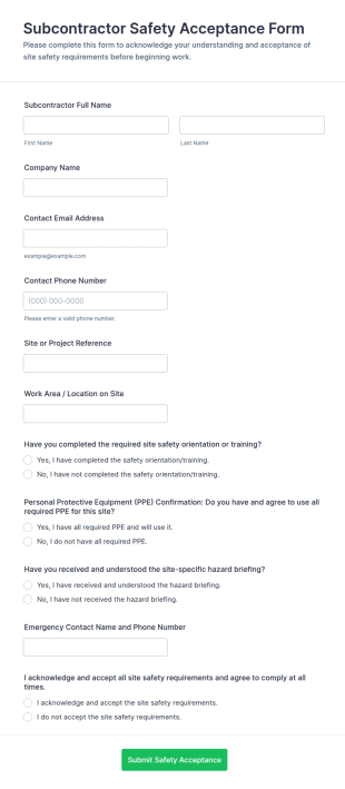 Subcontractor Safety Acceptance Form Template