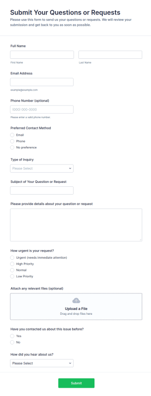 Submit Your Questions Or Requests Form Template
