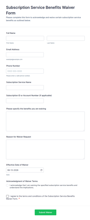 Subscription Service Benefits Waiver Form Template