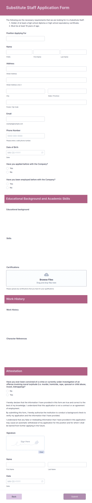 Substitute Staff Application Form Template