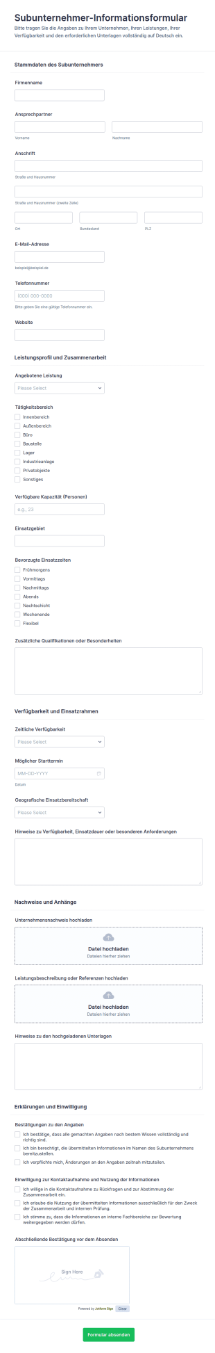 Subunternehmer Informationsformular