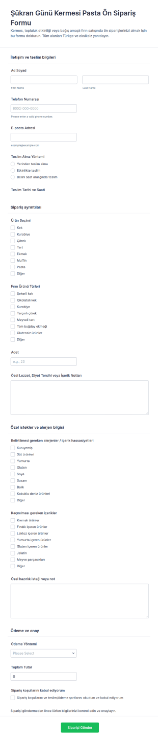 Şükran Günü Fırın Satışı Ön Sipariş Form Şablonu