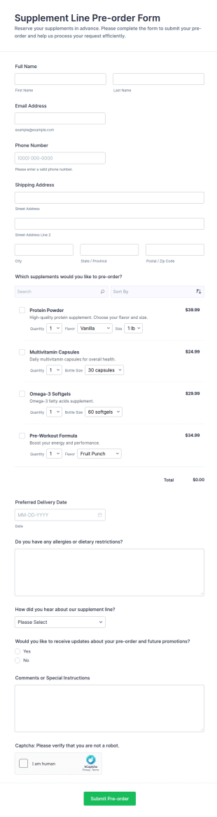 Supplement Line Pre Order Form Template