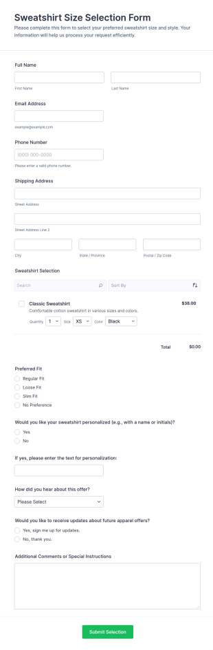 Sweatshirt Size Selection Form Template