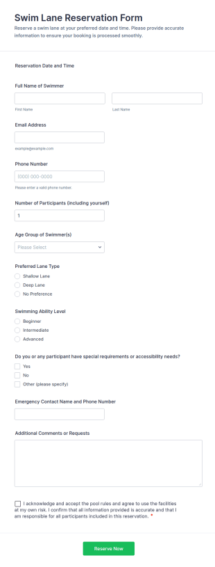 Swim Lane Reservation Form Template
