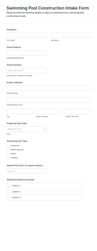 Swimming Pool Construction Intake Form Template