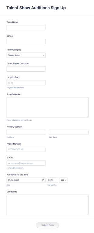 Talent Show Auditions Sign Up Form Template