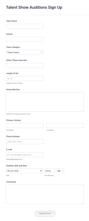 Talent Show Auditions Sign Up Form Template