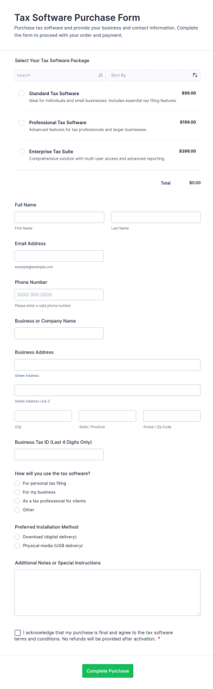 Tax Software Purchase Form Template