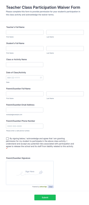 Teacher Class Participation Waiver Form Template