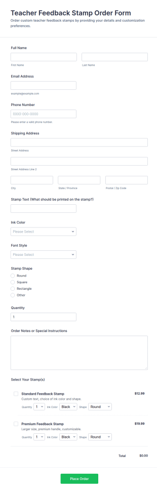 Teacher Feedback Stamp Order Form Template