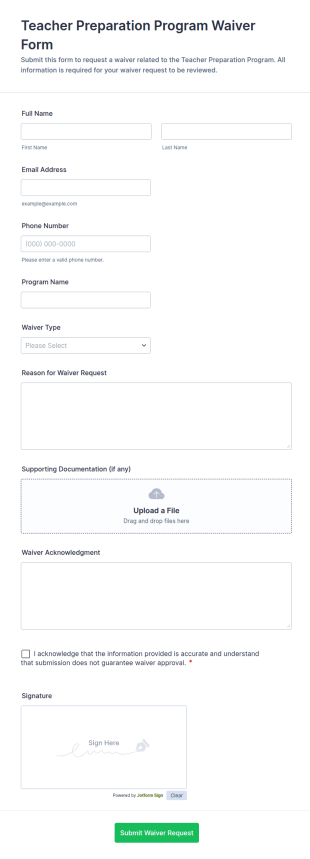 Teacher Preparation Program Waiver Form Template