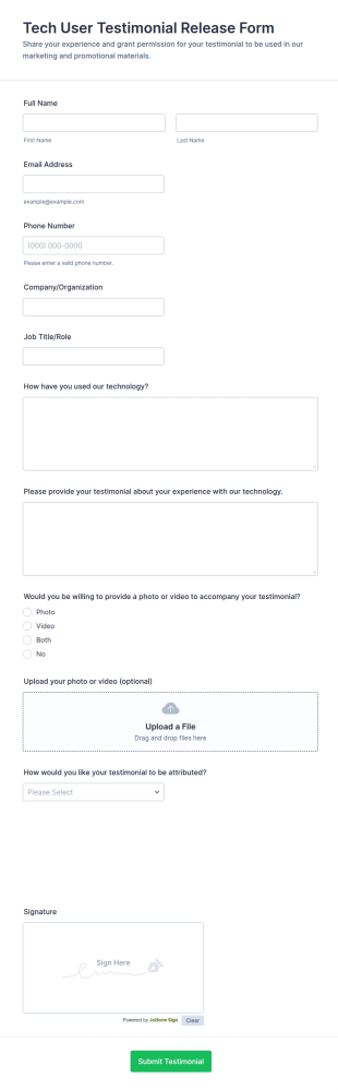 Tech User Testimonial Release Form Template