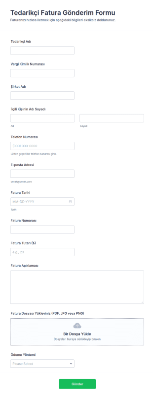 Tedarikçi Fatura Gönderim Form Şablonu