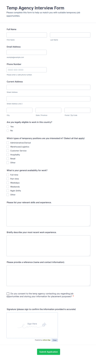 Temp Agency Interview Form Template