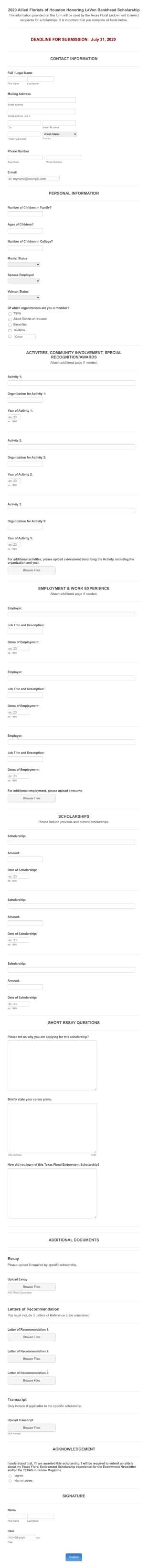 Texas Floral Endowment Scholarship Application | 2020 Allied Florists Of Houston Honoring LaVon Bankhead Scholarship Form Template