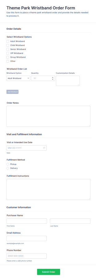 Theme Park Wristband Order Form Template