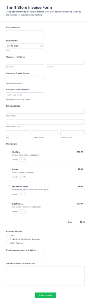 Thrift Store Invoice Form Template