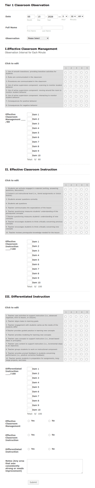 Tier 1 Classroom Observation Form Template