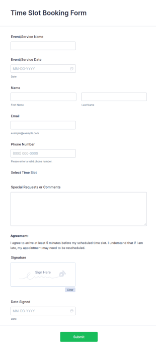 Time Slot Booking Form Template