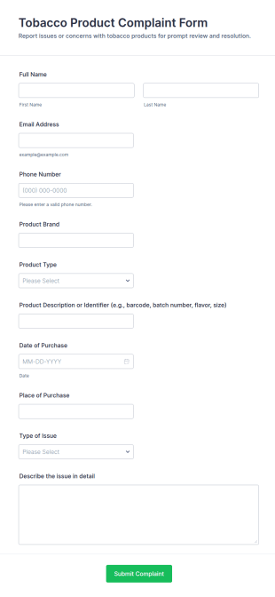 Tobacco Product Complaint Form Template