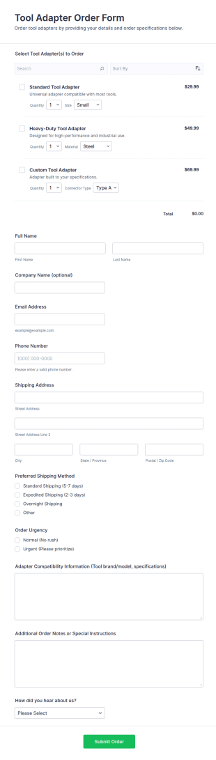 Tool Adapter Order Form Template