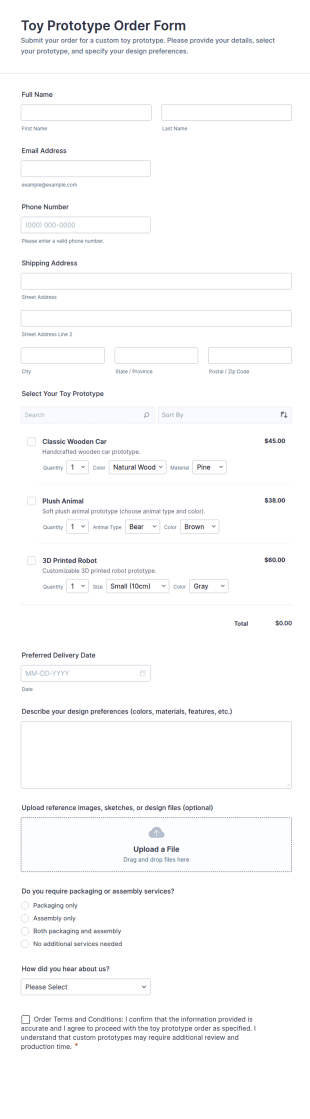 Toy Prototype Order Form Template