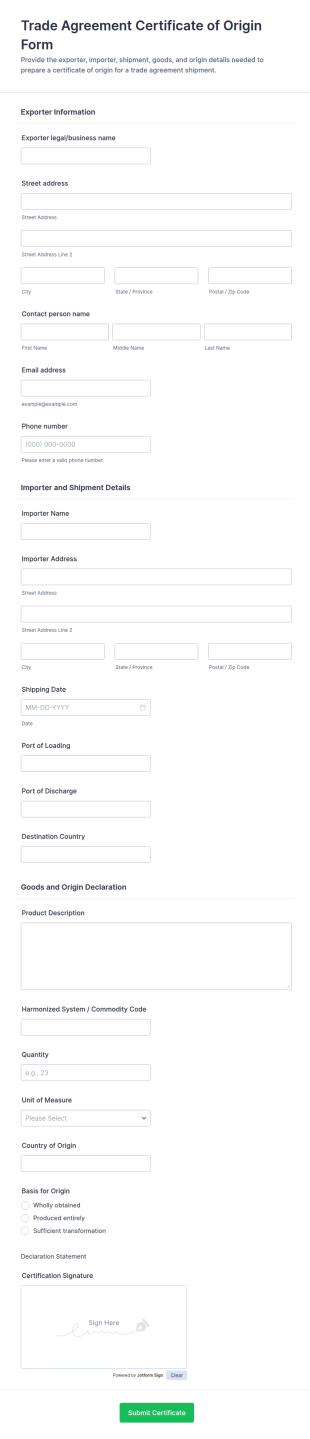 Trade Agreement Certificate Of Origin Form Template