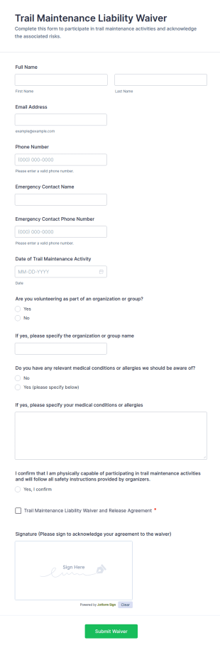 Trail Maintenance Liability Waiver Form Template