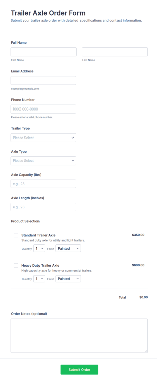 Trailer Axle Order Form Template