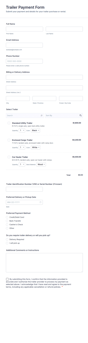 Trailer Payment Form Template