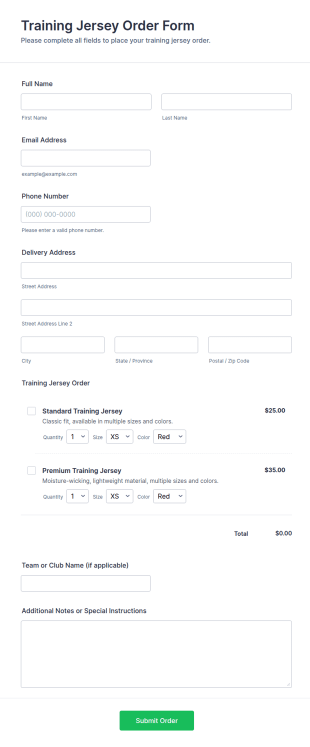 Training Jersey Order Form Template