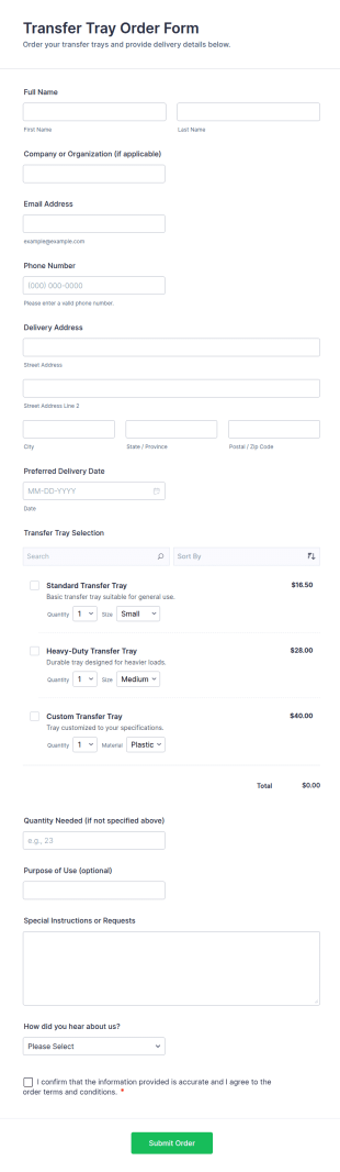 Transfer Tray Order Form Template