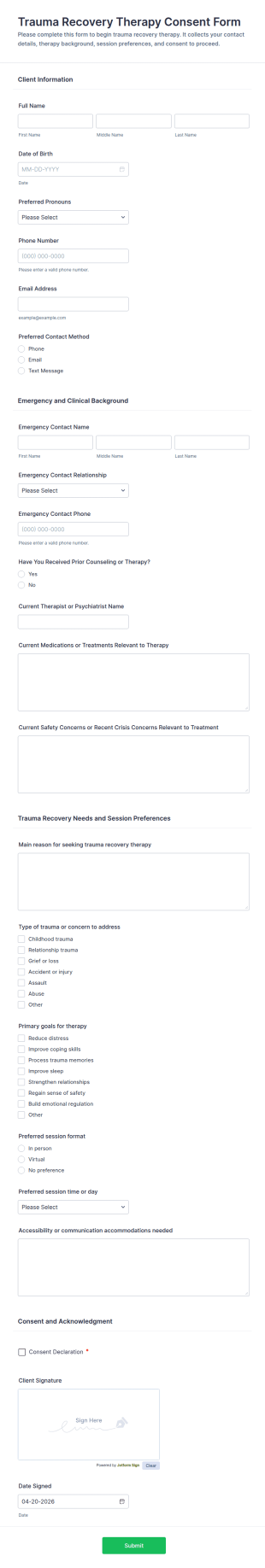 Trauma Recovery Therapy Consent Form Template
