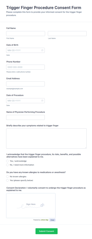 Trigger Finger Procedure Consent Form Template