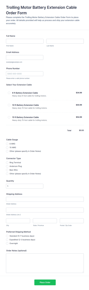 Trolling Motor Battery Extension Cable Order Form Template