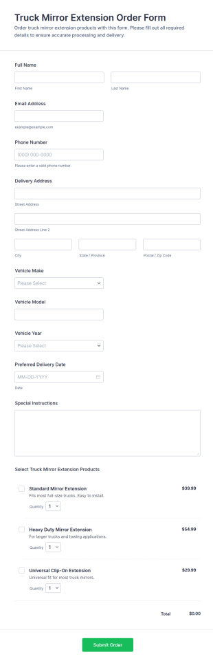 Truck Mirror Extension Order Form Template