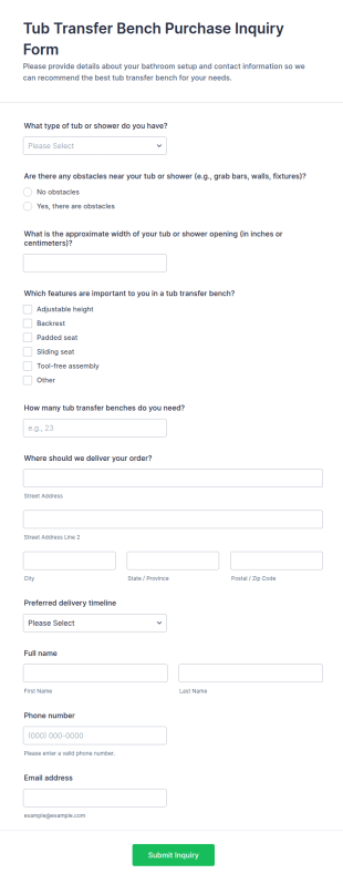 Tub Transfer Bench Purchase Inquiry Form Template