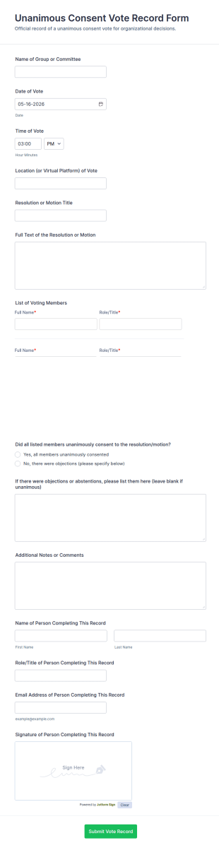 Unanimous Consent Vote Record Form Template