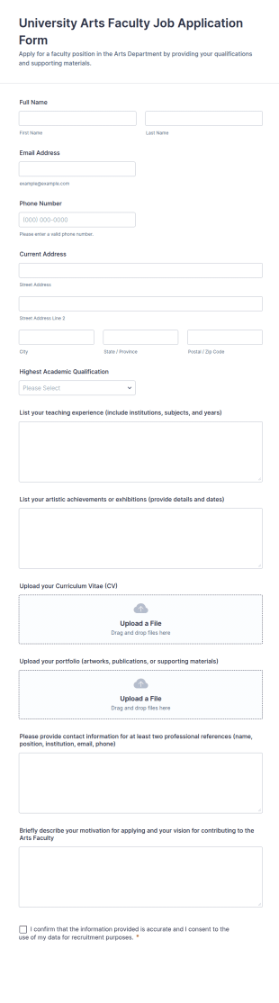 University Arts Faculty Job Application Form Template