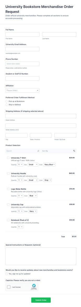 University Bookstore Merchandise Order Request Form Template