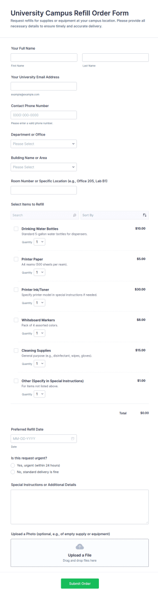 University Campus Refill Order Form Template